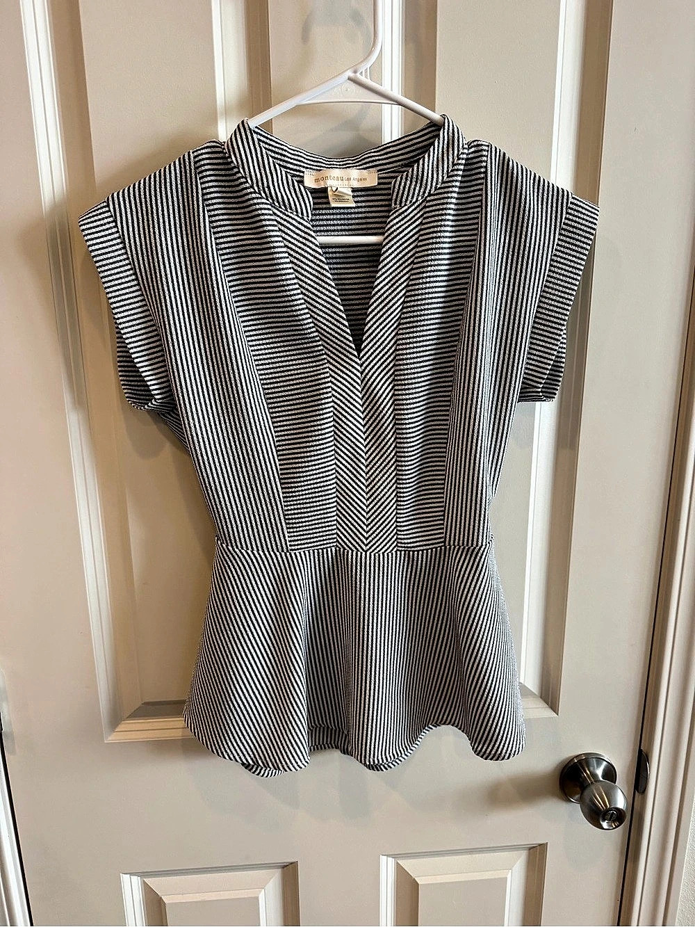 Monteau Striped Peplum Blouse in Black & White Size Medium